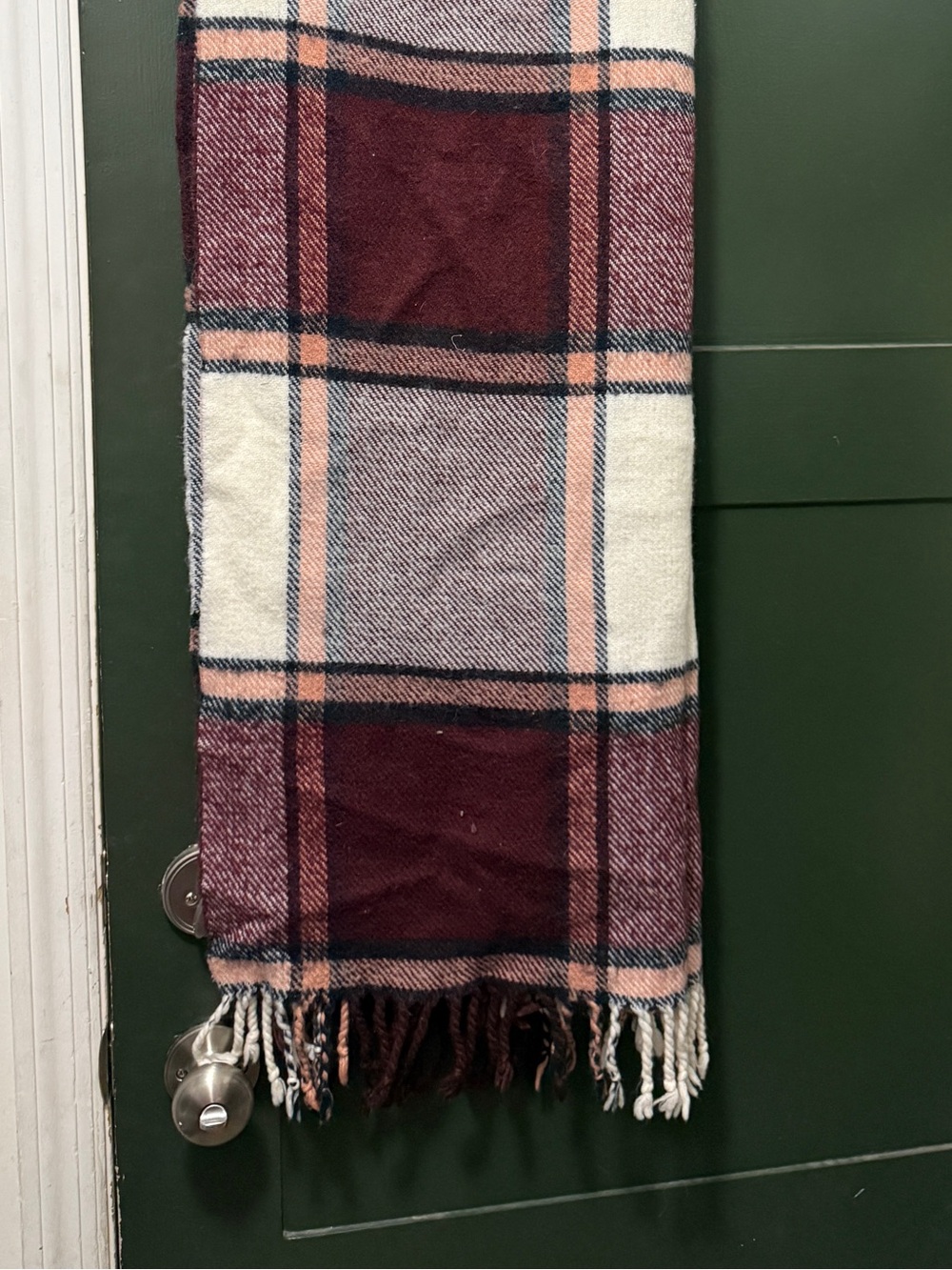 Cozy Plaid Fringe Throw Blanket - Burgundy & Cream